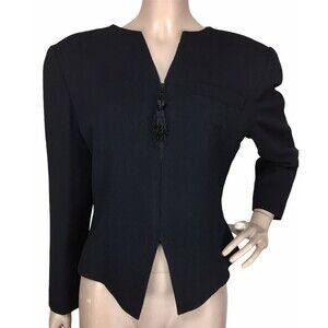 Vintage 90s Black Gothic Sculpted High Shoulder Ribbed Tassel Zip-Up Jacket S/M
